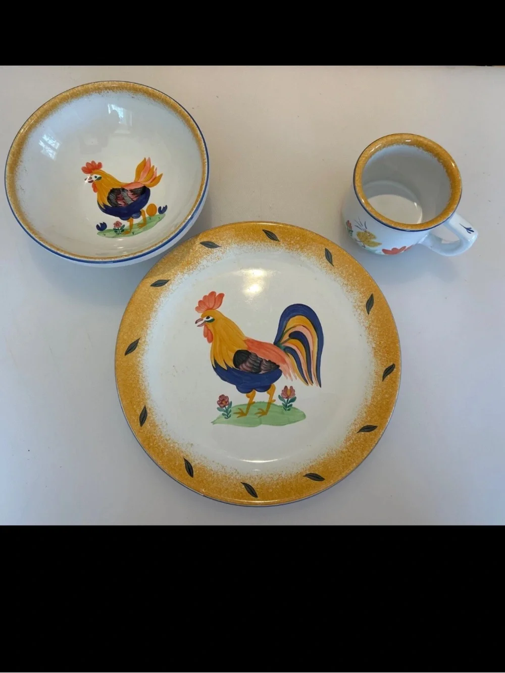 Herend  Hungary  Pottery- 3 Piece Children’s Dish Set-Hand Painted Rooster